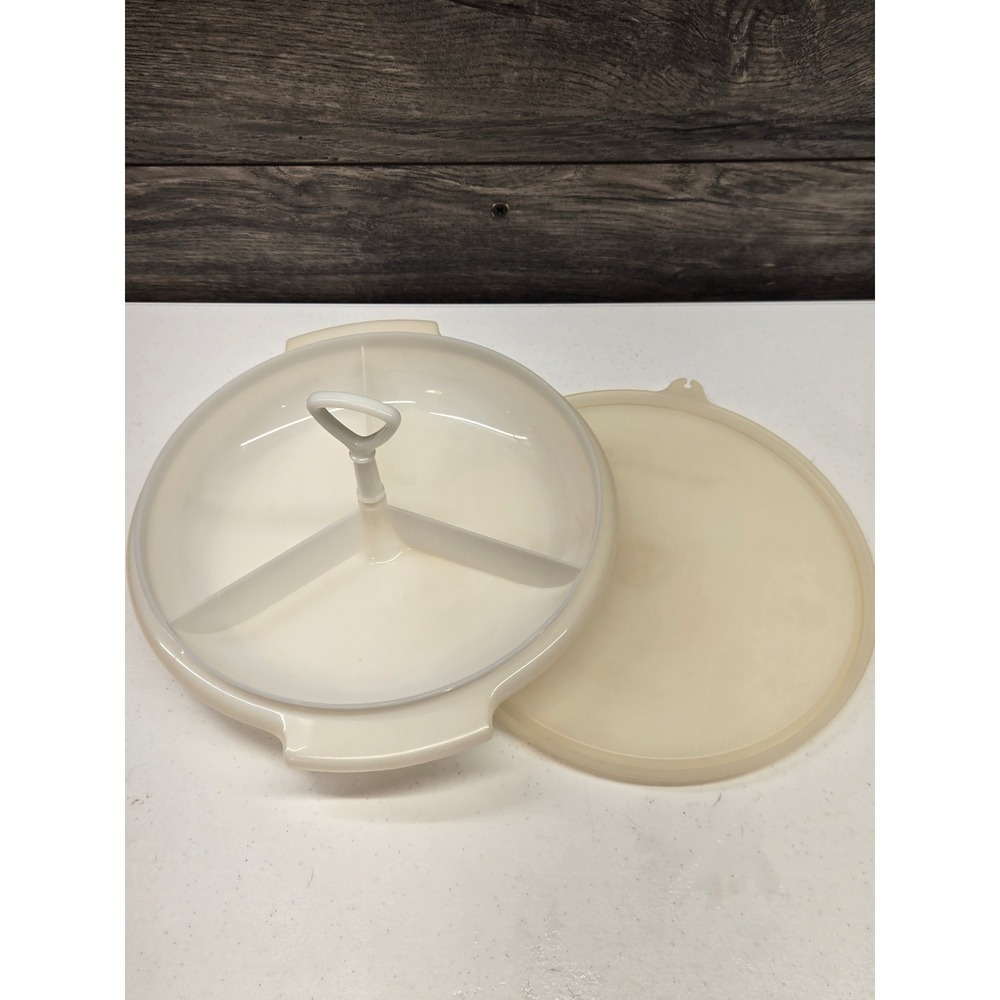 Vintage Tupperware Relish Tray‎ 3 Compartment 608-12 Sheer Cream with Lid Handle